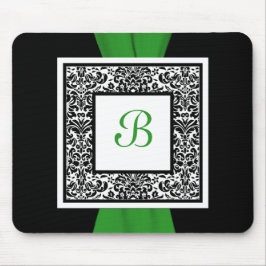 Monogram Black, Green en White Damask Mousepad Muismat