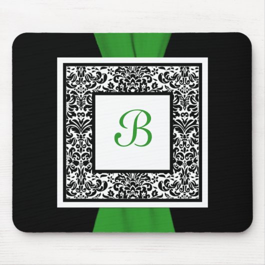 Monogram Black, Green en White Damask Mousepad Muismat (Voorkant)