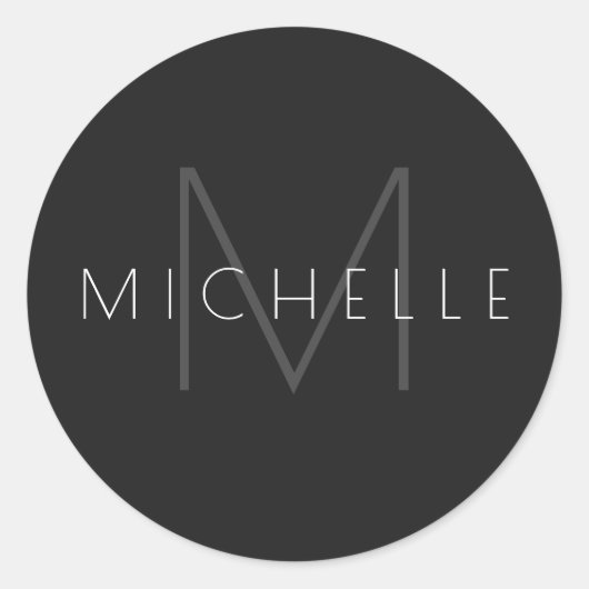 Monogram Black Grey White Modern Stylish Name Ronde Sticker (Voorkant)