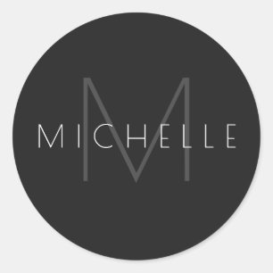 Monogram Black Grey White Modern Stylish Name Ronde Sticker