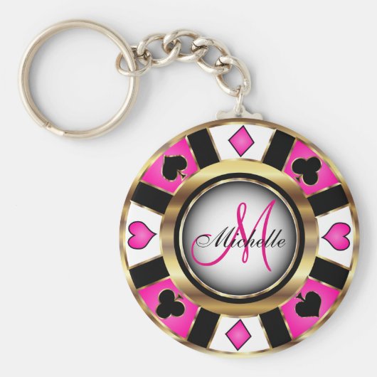 Monogram Black, Hot Pink en Gold Las Vegas Style Sleutelhanger (Voorkant)