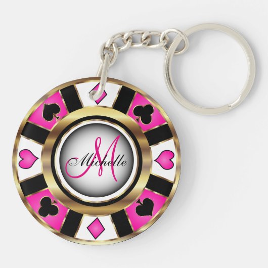 Monogram Black, Hot Pink en Gold Las Vegas Style Sleutelhanger (Achterkant)