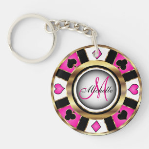Monogram Black, Hot Pink en Gold Las Vegas Style Sleutelhanger