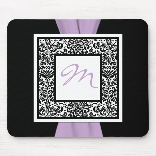 Monogram Black, Lavende, White Damask Mousepad Muismat (Voorkant)