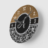 Monogram black leopard gold glitter ronde klok (Hoek)
