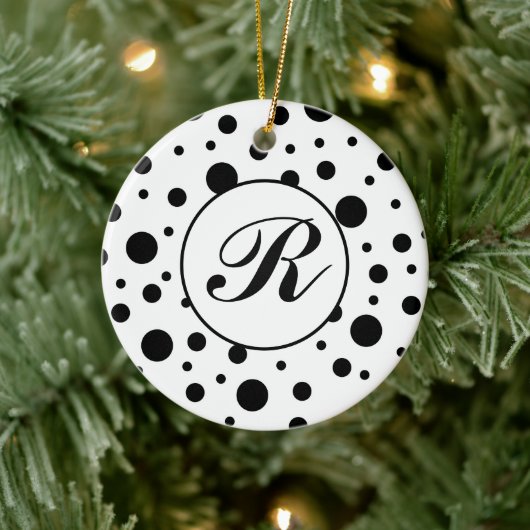 Monogram Black op White Polka Dot Pattern Keramisch Ornament (Boom)