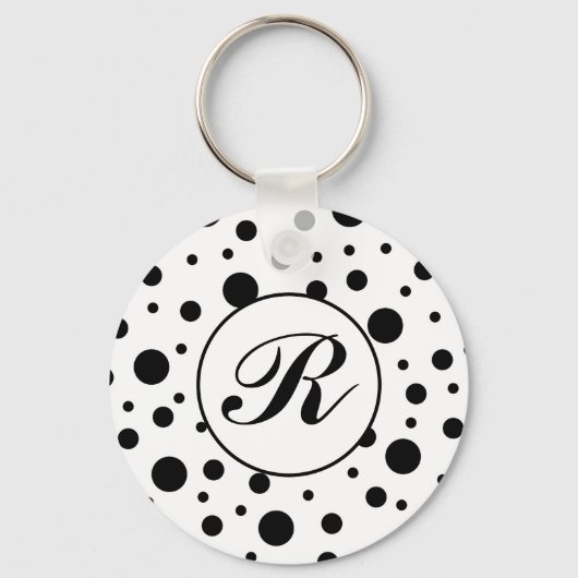 Monogram Black op White Polka Dot Pattern Sleutelhanger (Voorkant)