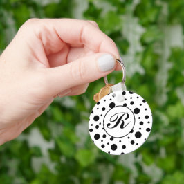 Monogram Black op White Polka Dot Pattern Sleutelhanger