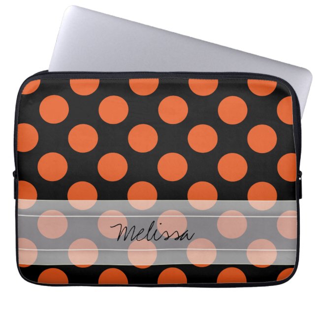 Monogram Black Oranje Chic Polka Dot Pattern Laptop Sleeve (Voorkant)