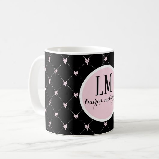 Monogram Black & Pink Bow Script Koffiemok (Voorkant links)