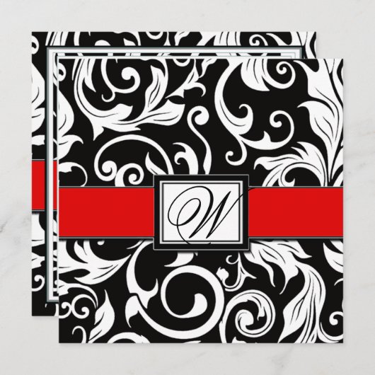 Monogram Black & Red Damask Wedding Invitations Kaart (Voorkant / Achterkant)