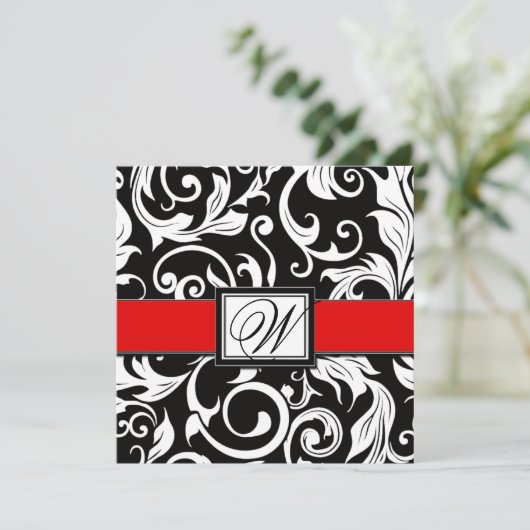Monogram Black & Red Damask Wedding Invitations Kaart (Staand voorkant)