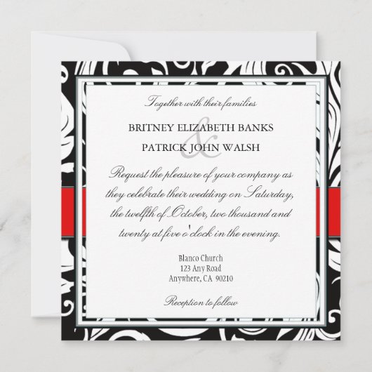 Monogram Black & Red Damask Wedding Invitations Kaart (Achterkant)