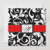 Monogram Black & Red Damask Wedding Invitations Kaart (Voorkant)