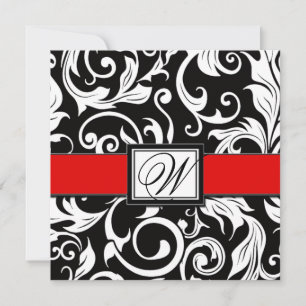 Monogram Black & Red Damask Wedding Invitations Kaart