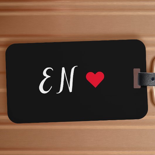 Monogram Black Red Heart Handgeschreven script Bagagelabel