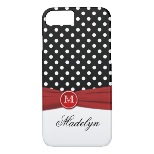 Monogram Black Red White Polka Dot iPhone 7 Hoesje (Achterkant)