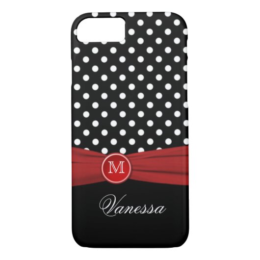 Monogram Black Red White Polka Dot iPhone 7 Hoesje (Achterkant)
