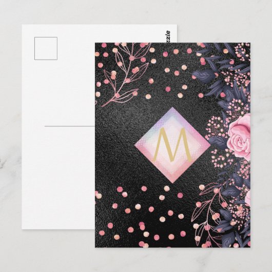 Monogram Black ROSEGOLD Pink Metallic Glitter Girl Briefkaart (Voorkant / Achterkant)