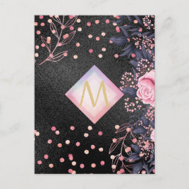 Monogram Black ROSEGOLD Pink Metallic Glitter Girl Briefkaart
