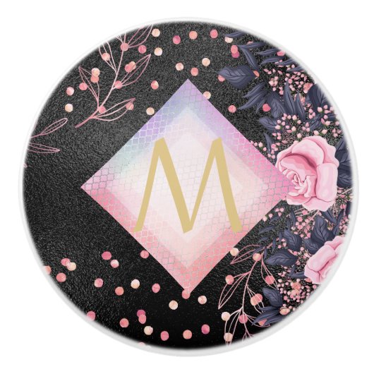 Monogram Black ROSEGOLD Pink Metallic Glitter Girl Keramische Knop (Voorkant)