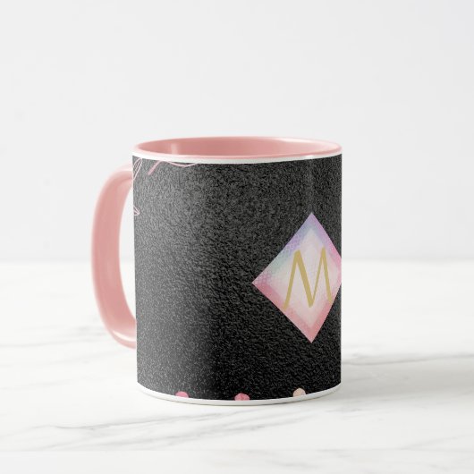 Monogram Black ROSEGOLD Pink Metallic Glitter Girl Mok (Voorkant links)