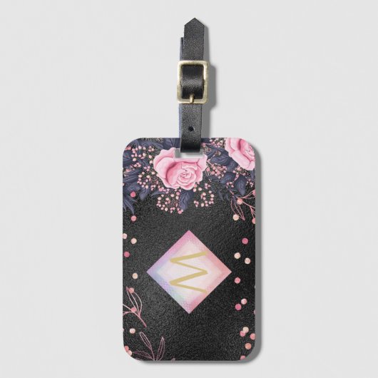 Monogram Black ROSEGOLD Roze Metallic Glitter Meis Bagagelabel (Voorkant (verticaal))