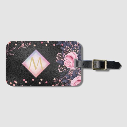 Monogram Black ROSEGOLD Roze Metallic Glitter Meis Bagagelabel (Voorkant (horizontaal))