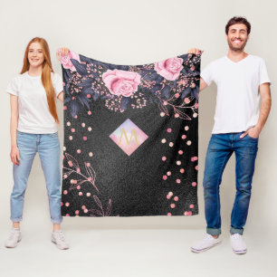 Monogram Black ROSEGOLD Roze Metallic Glitter Meis Fleece Deken
