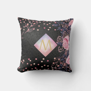Monogram Black ROSEGOLD Roze Metallic Glitter Meis Kussen