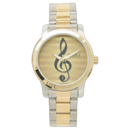 Monogram Black Treble Clef op Golden Stripes Horloge