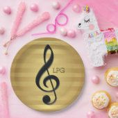 Monogram Black Treble Clef op Golden Stripes Papieren Bordje (Feest)