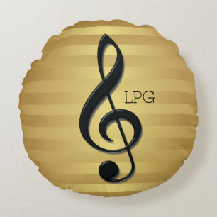 Monogram Black Treble Clef op Golden Stripes Rond Kussen