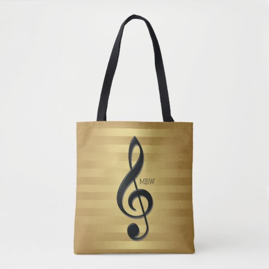 Monogram Black Treble Clef op Golden Stripes Tote Bag (Voorkant)