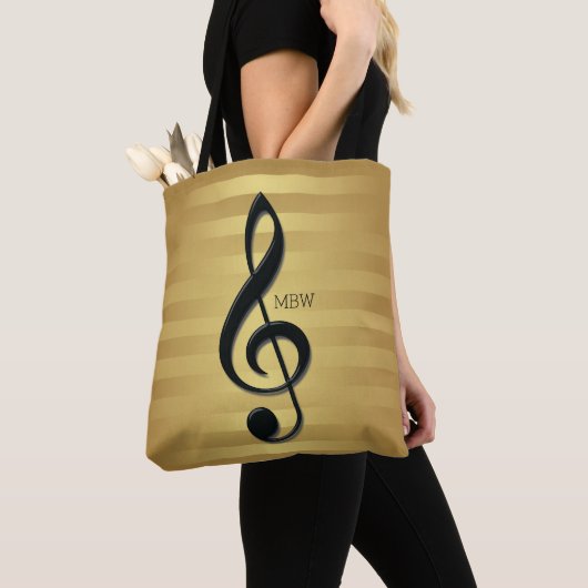 Monogram Black Treble Clef op Golden Stripes Tote Bag (Dichtbij)
