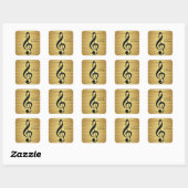 Monogram Black Treble Clef op Golden Stripes Vierkante Sticker (Vel)