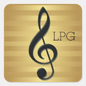Monogram Black Treble Clef op Golden Stripes Vierkante Sticker (Voorkant)