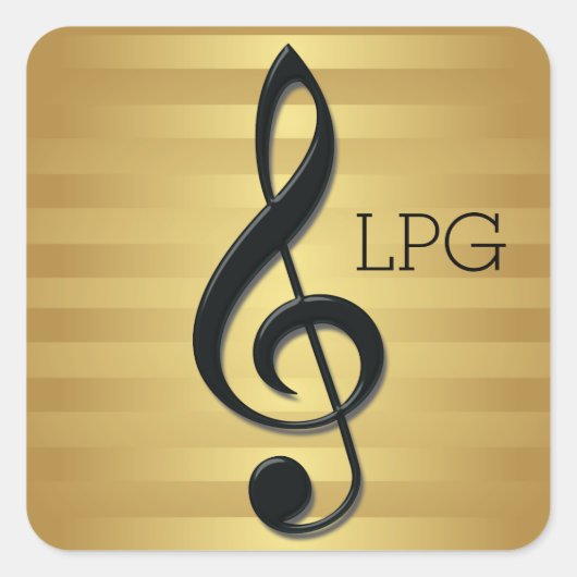 Monogram Black Treble Clef op Golden Stripes Vierkante Sticker (Voorkant)