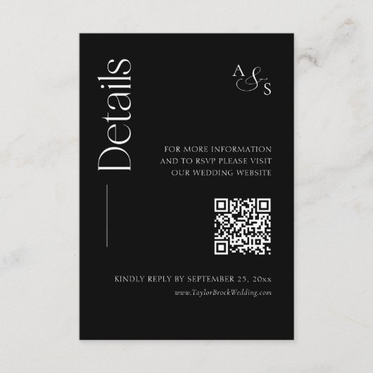 Monogram Black Wedding Details Website QR Code Informatiekaartje (Voorkant)