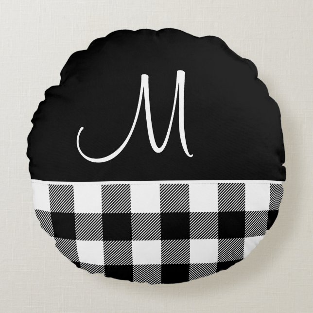Monogram Black White Buffalo Pset Farmhouse Rond Kussen (Voorkant)