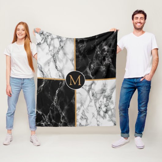 Monogram Black White Check Marble Fleece Blanket Deken (In situ)