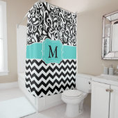 Monogram Black White Chevron Floral Damask Douchegordijn (In situ)