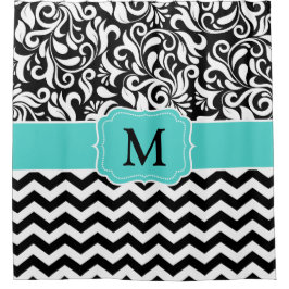 Monogram Black White Chevron Floral Damask Douchegordijn