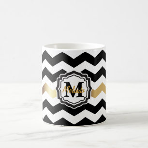 Monogram Black, White en Gold Chevron Koffiemok