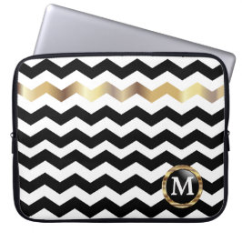 Monogram Black, White en Gold Chevron Stripes Laptop Sleeve