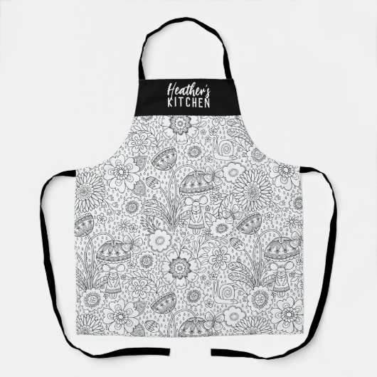 Monogram Black White Floral Kitchen Schort (Voorkant)