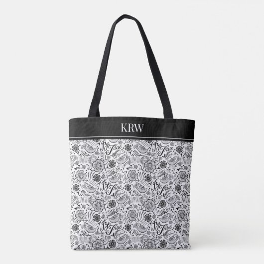 Monogram Black White Floral Pattern Tote Bag (Achterkant)