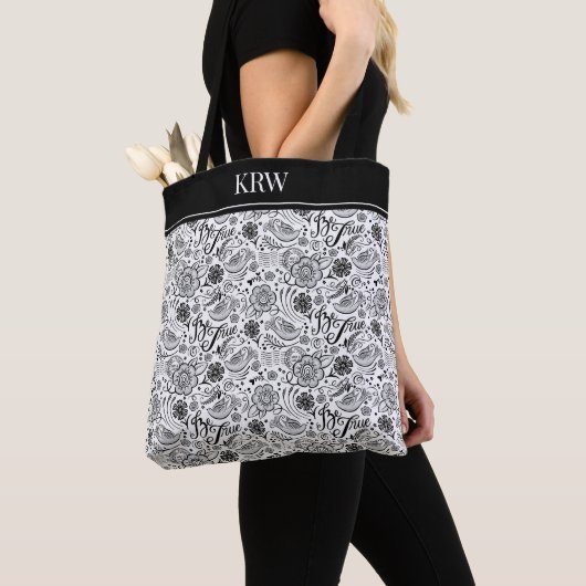 Monogram Black White Floral Pattern Tote Bag (Dichtbij)