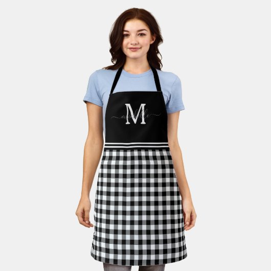 Monogram Black White Gingham Grey Name Schort (Gedragen)