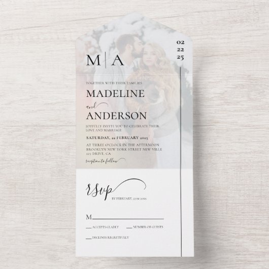 Monogram Black White met overlay foto bruiloft All In One Uitnodiging (Binnen)